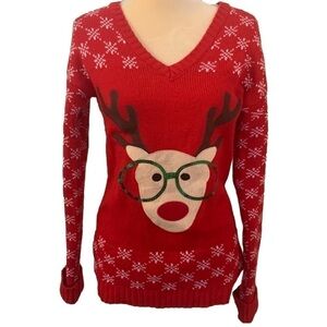Tiara International Reindeer w/ Sequin Glasses Christmas Knit Red Sweater